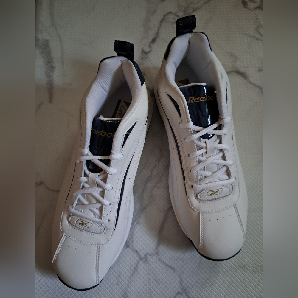 Reebok white navy gold pivot ii basketball shoes